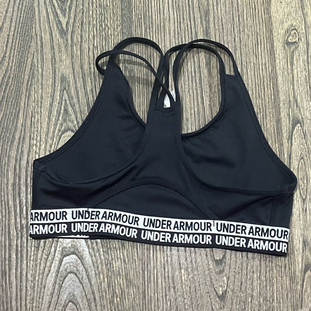 Under Armour Heatgear Armor Sports Bra Raceback Pullover Logo Print Black Size S - Picture 2 of 2